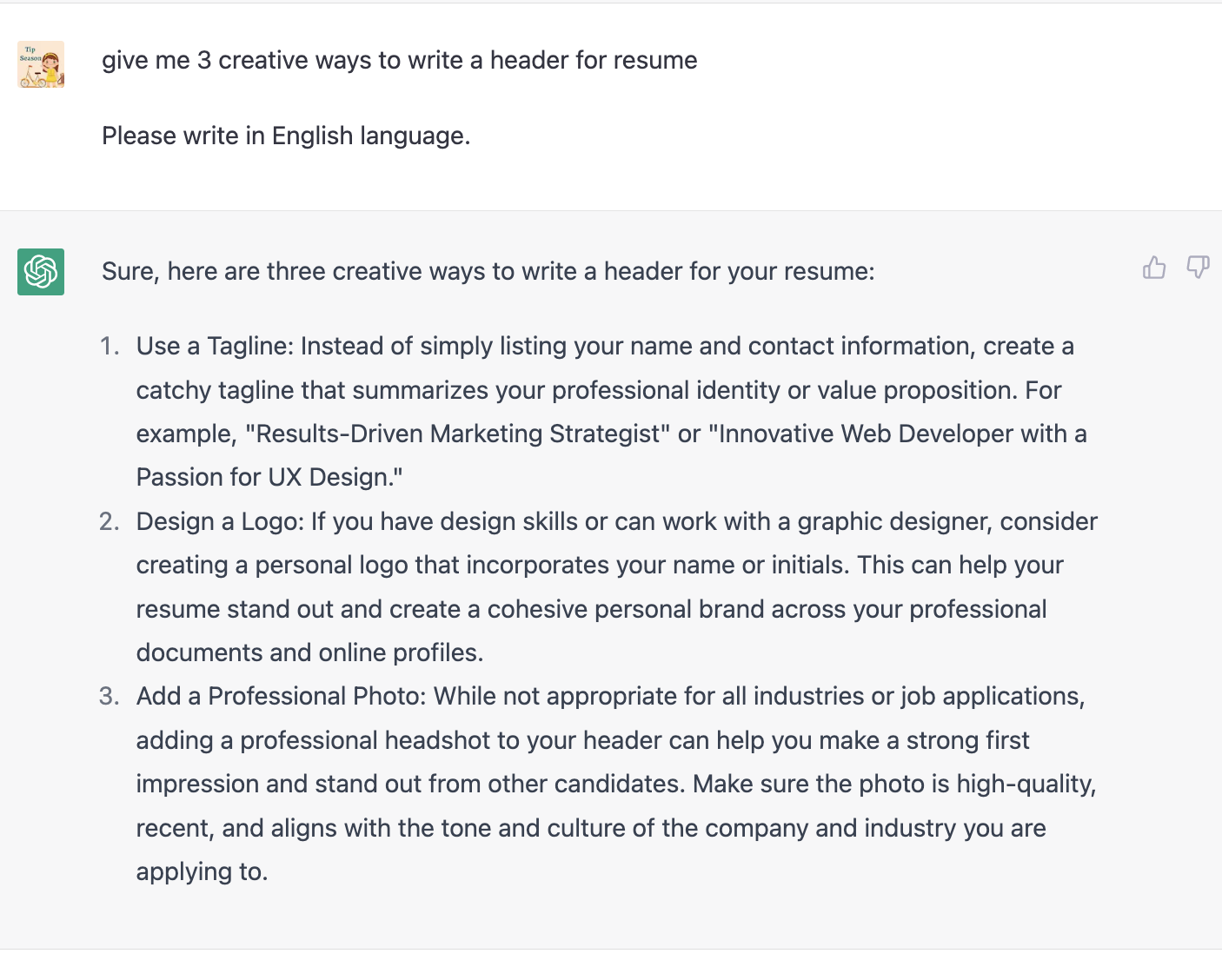 ChatGPT prompts for resume header - TipSeason